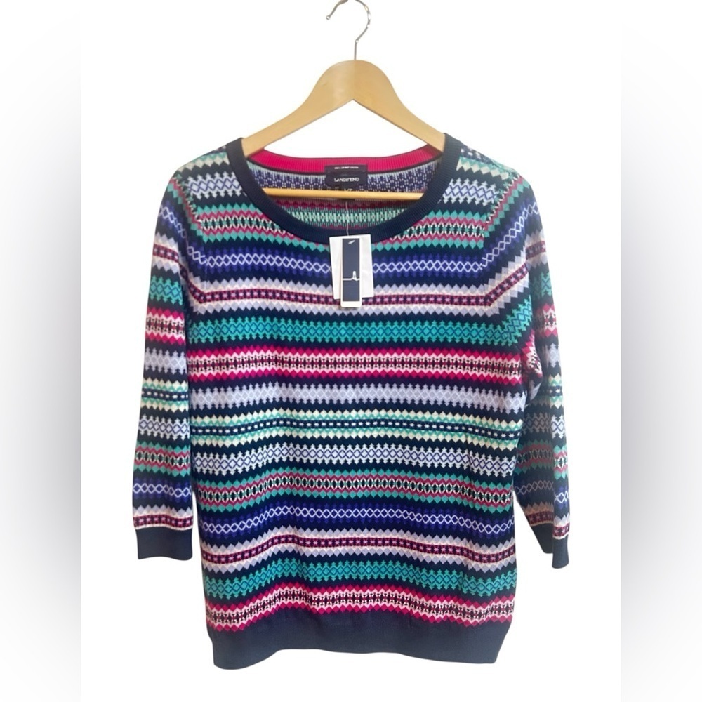 Lands’ End Fair Isle Sweater Size L/P Large Petite 100% Supima Cotton 3/4 Sleeve